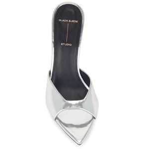 Black Suede Studio Brea Mule Heels in Silver Mirror Metallic 39 9 New With Box
